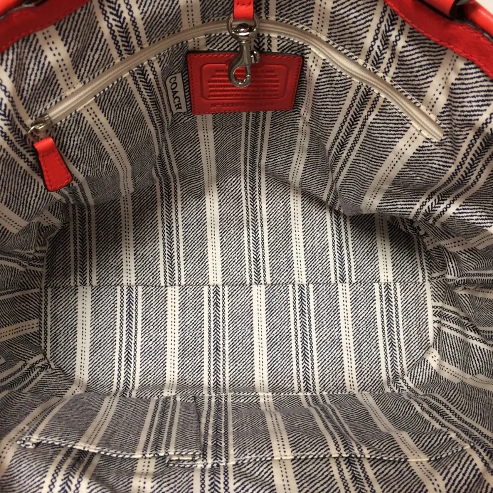 Coach Woven Straw Pocket Tote Natural Coral Leather Trim Turnlock Beach Bag